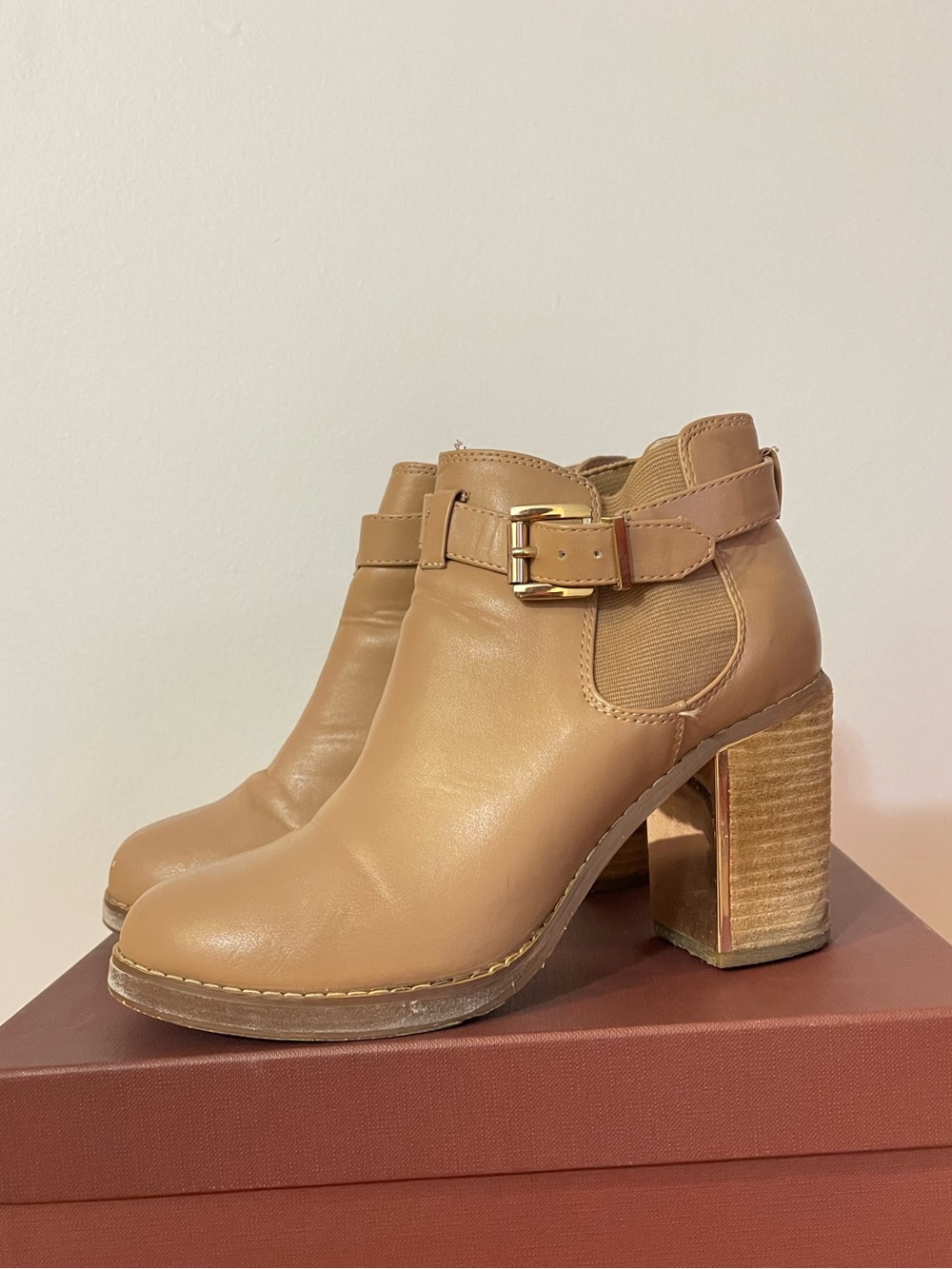 Ever New Tan Leather-Look Ankle Booties with Buckle